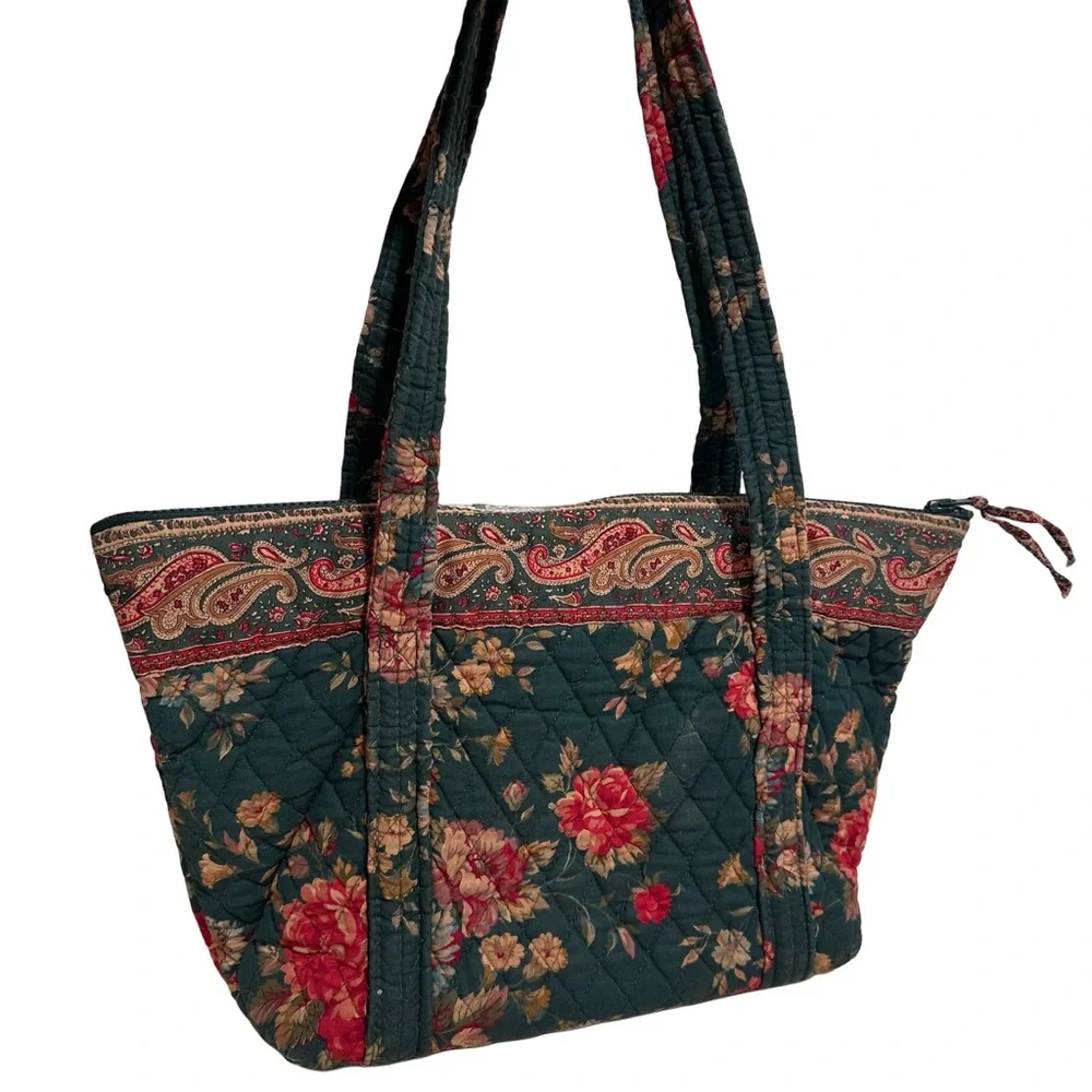 80s Vintage Vera Bradley Greenbriar Red Roses Quilted Floral Tote Shoulder Bag